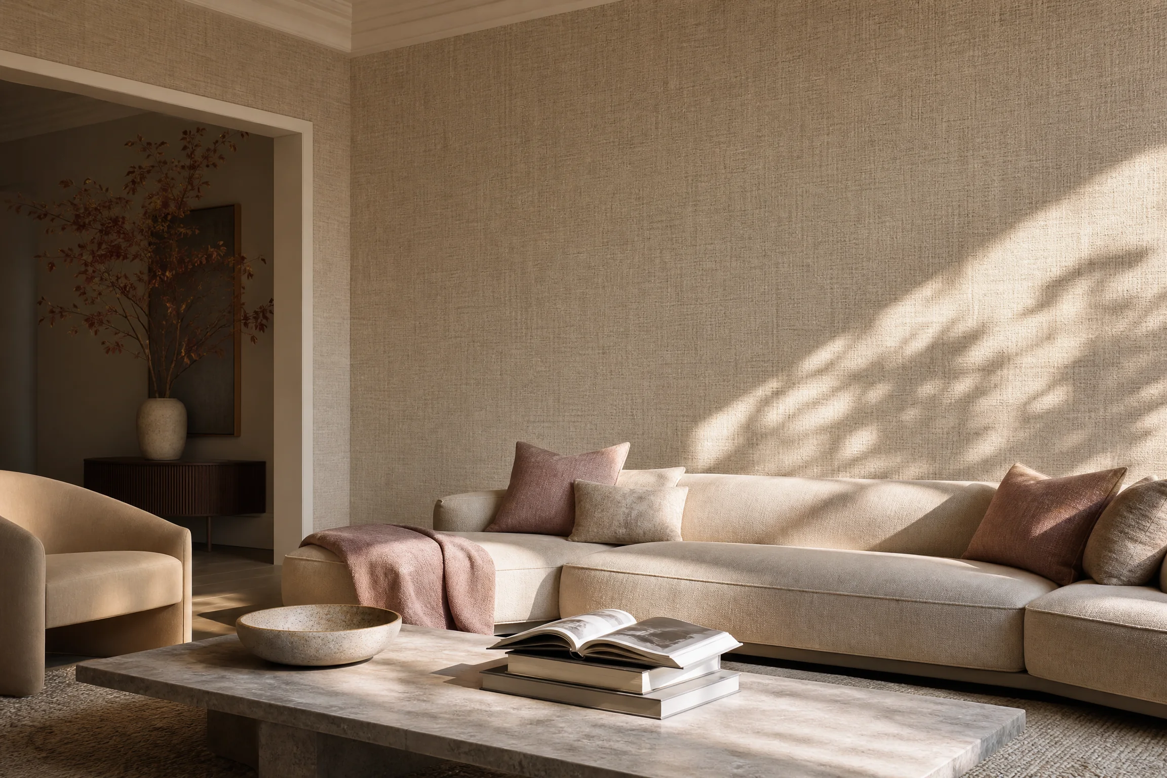 Artisanal living room feature wall with textured wallpaper