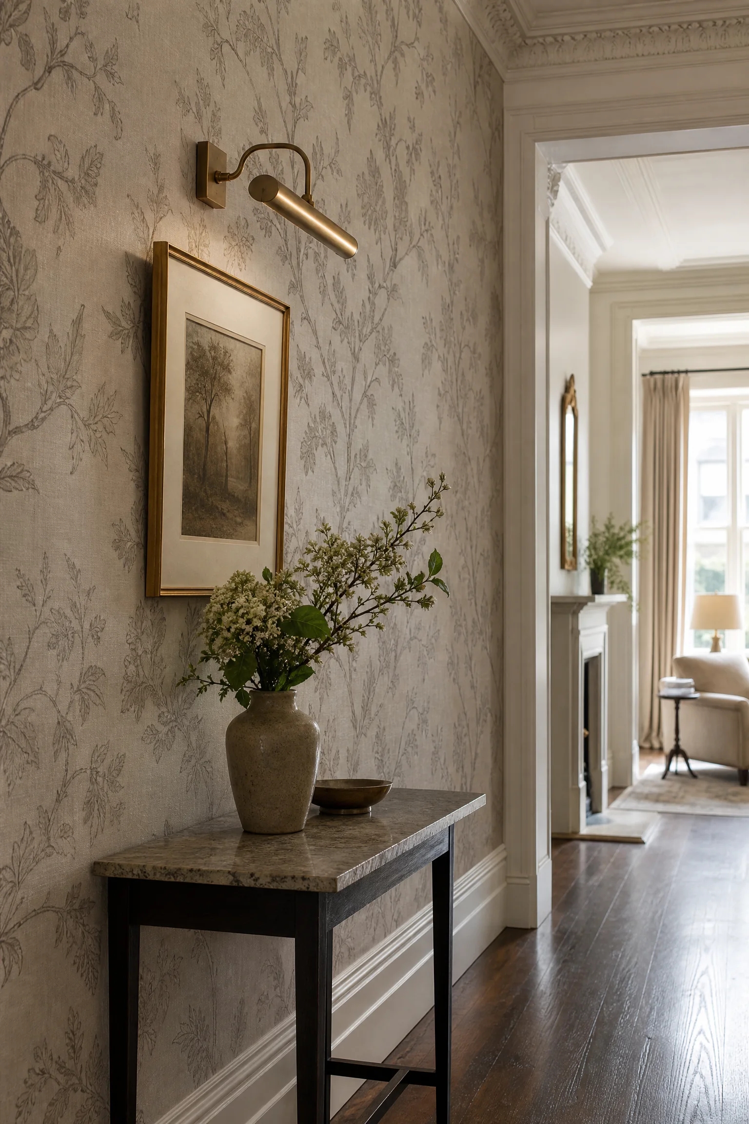 Inviting hallway design with artisanal wallpaper